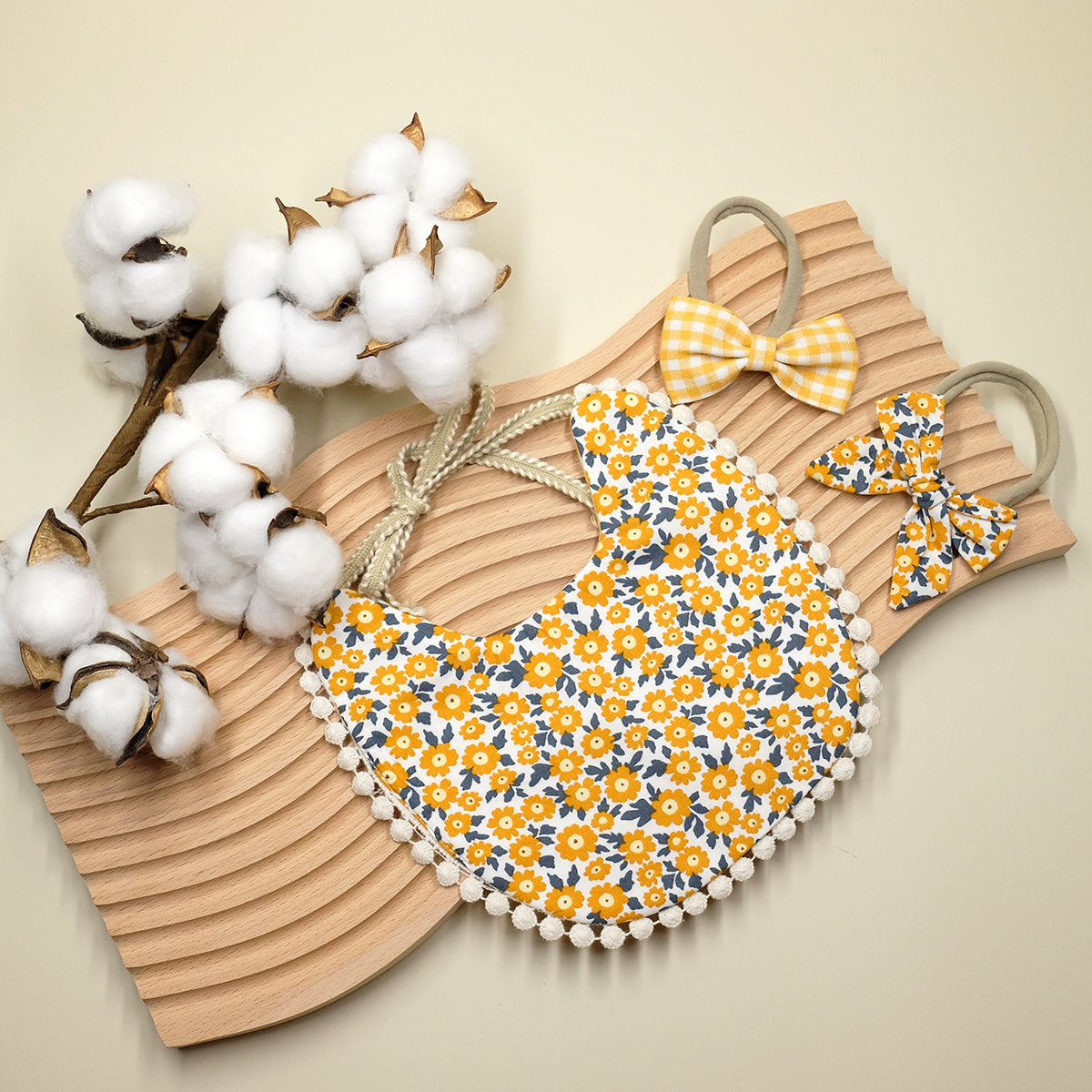 Reversible Lace Cotton Bib - Floral & Yellow Checker