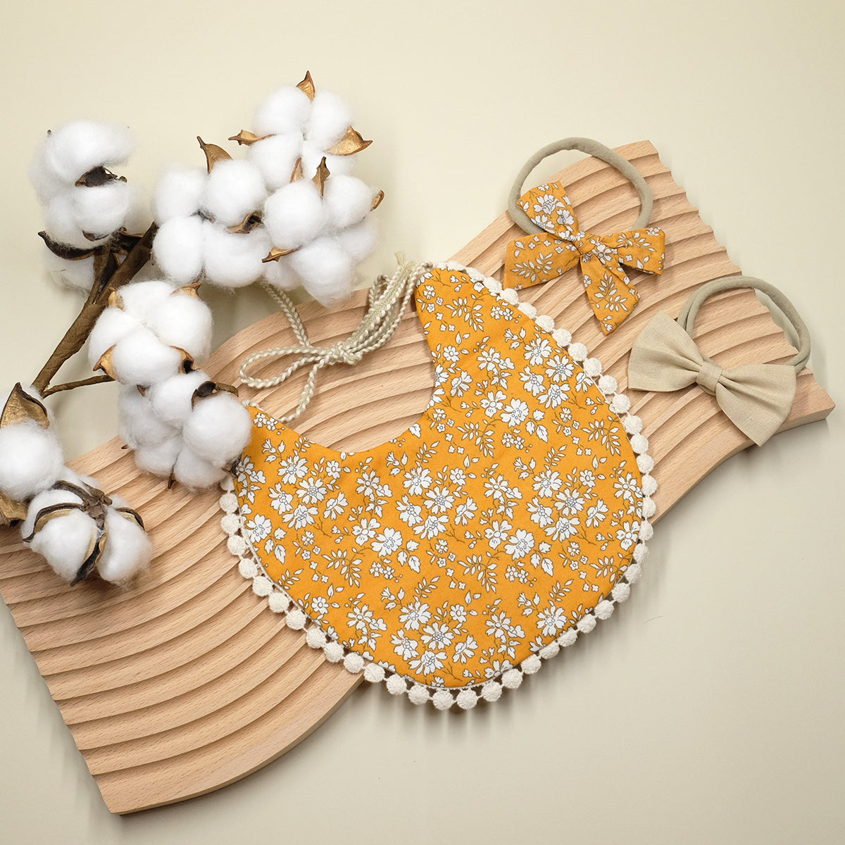 Reversible Lace Cotton Bib - Mustard & Cream Lace