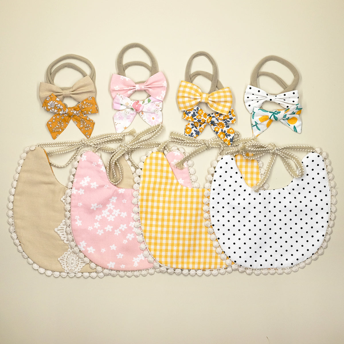 Reversible Lace Cotton Bib - Floral & Yellow Checker