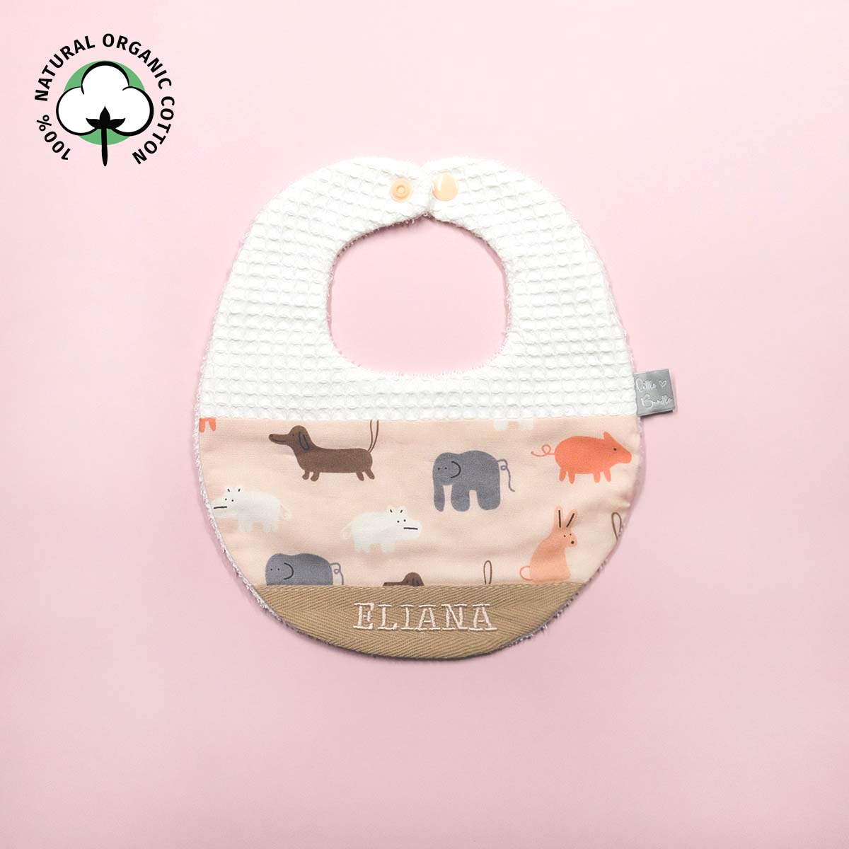 Handmade Cotton Bib (Animal Stamp - Pink x Multi Fabric)