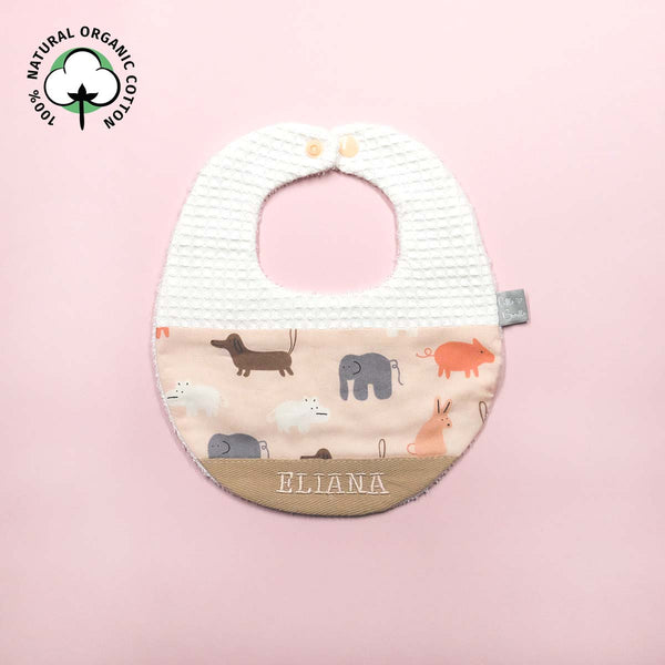 Handmade Cotton Bib (Animal Stamp - Pink x Multi Fabric)