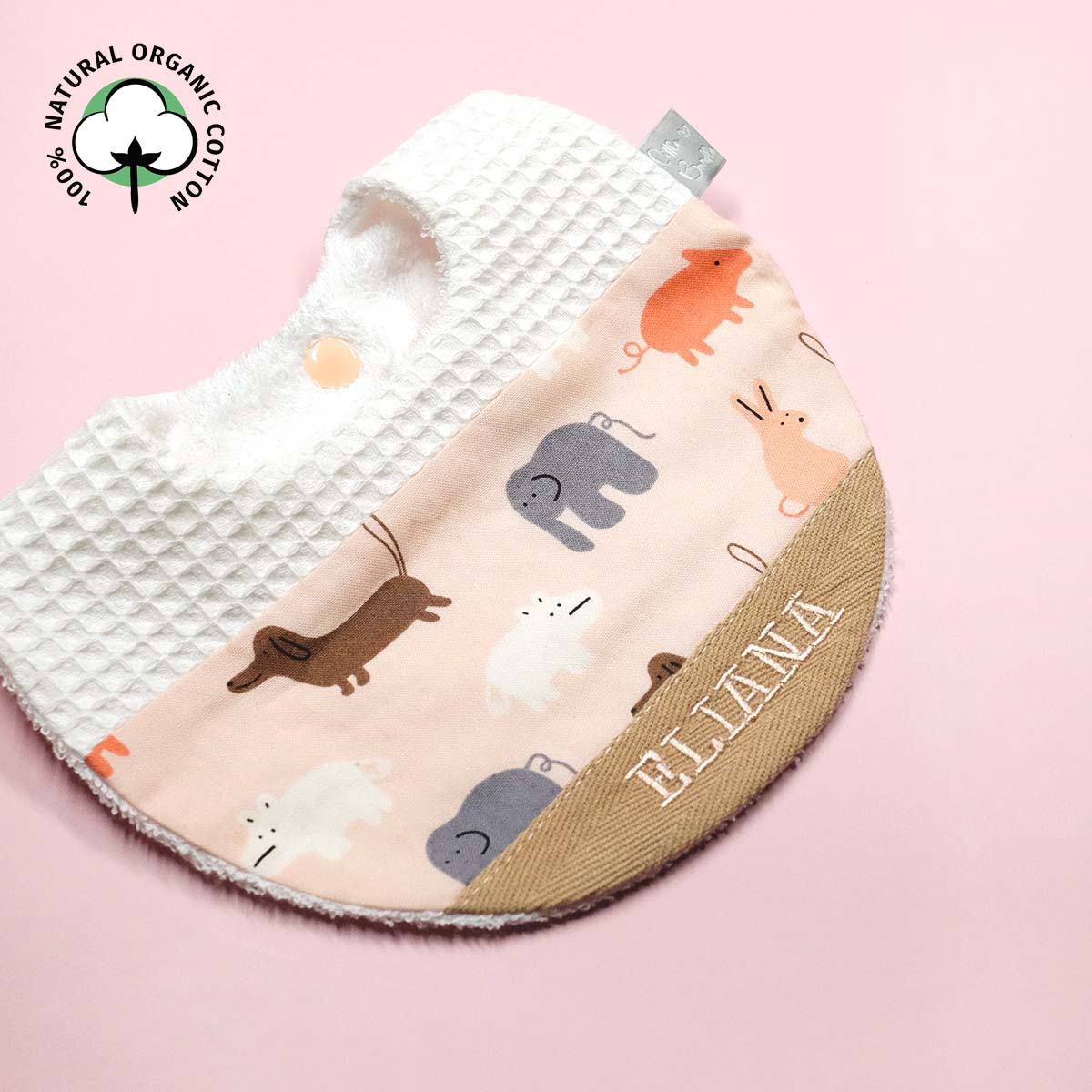 Handmade Cotton Bib (Animal Stamp - Pink x Multi Fabric)