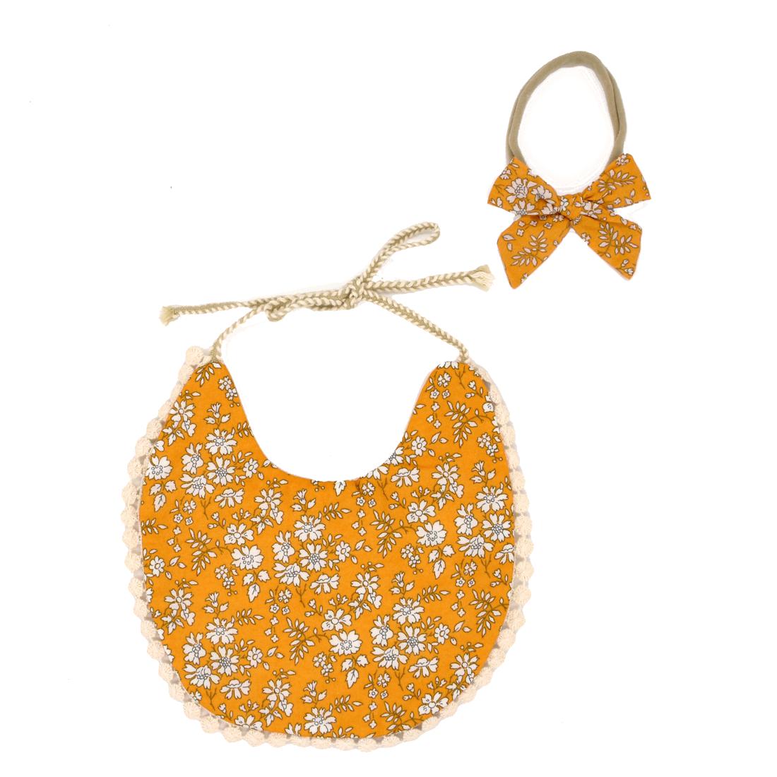 Reversible Lace Cotton Bib - Mustard & Cream Lace