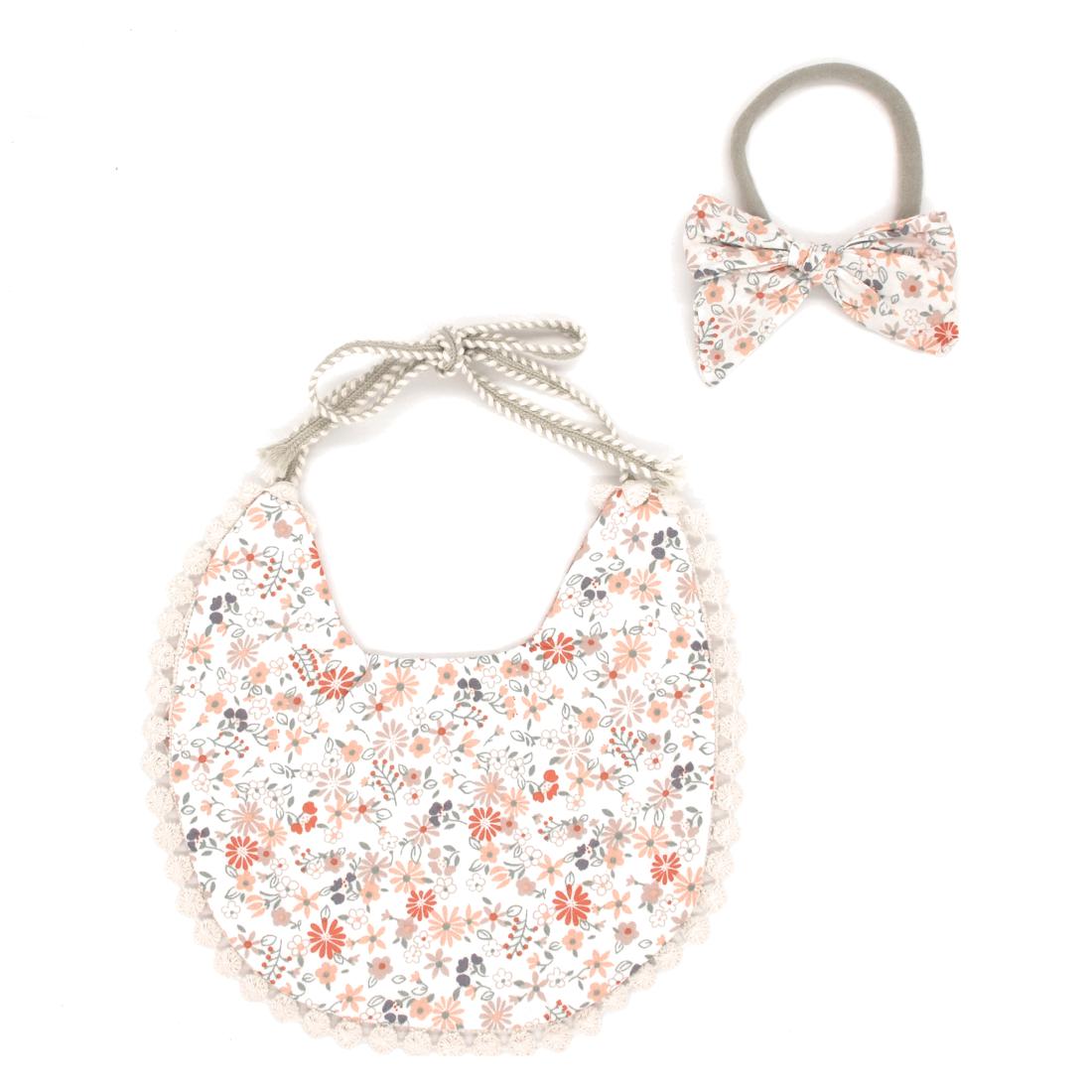 Reversible Lace Cotton Bib - Pale Orange Floral