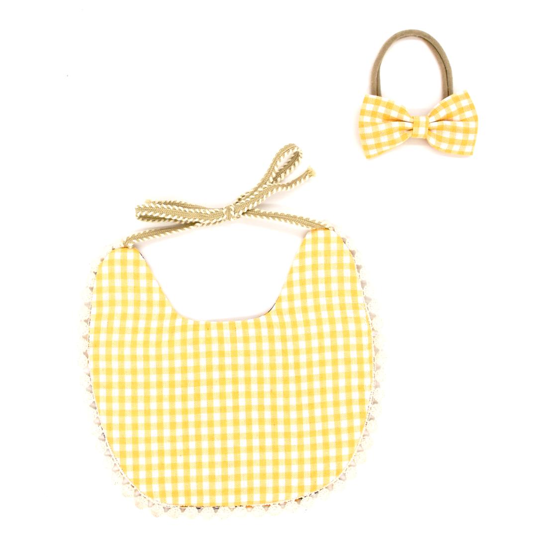 Reversible Lace Cotton Bib - Floral & Yellow Checker