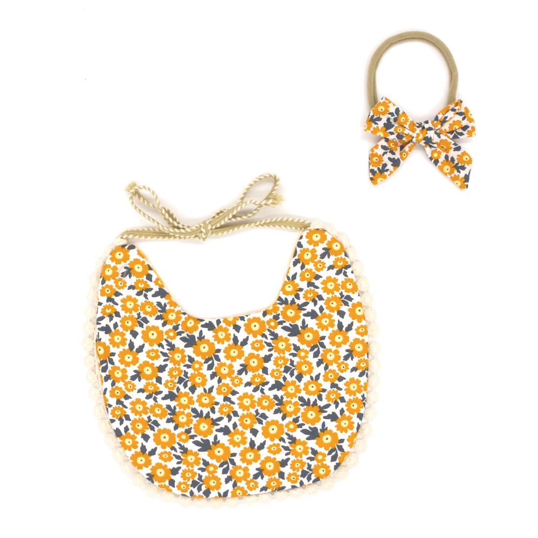 Reversible Lace Cotton Bib - Floral & Yellow Checker