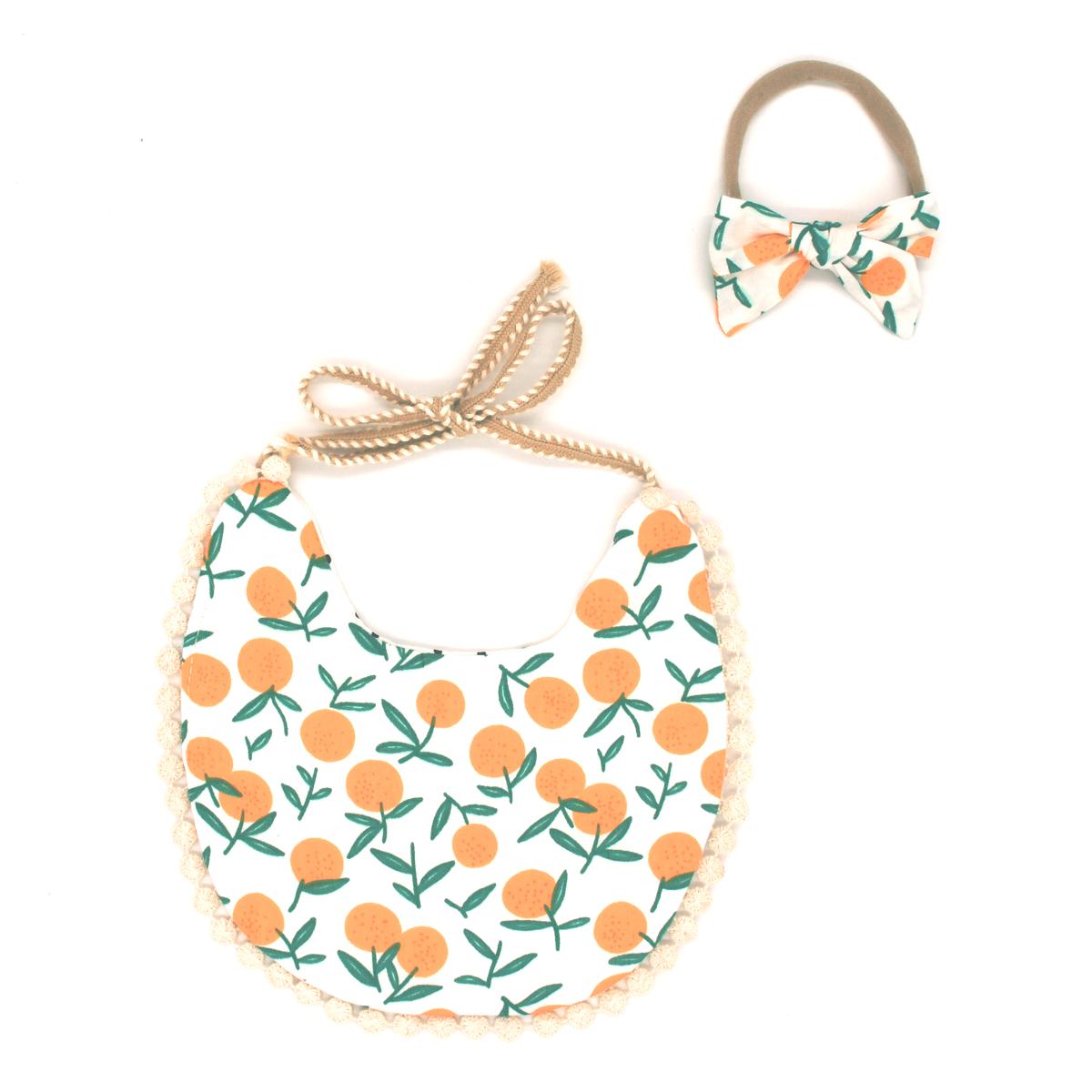 Reversible Lace Cotton Bib -Orange & Polka Dot