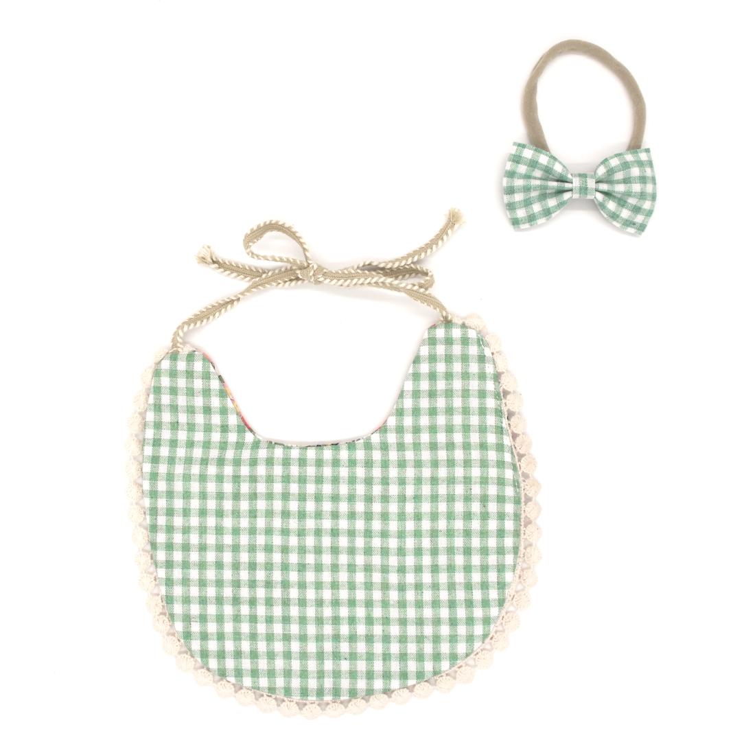 Reversible Lace Cotton Bib - Floral & Green Checker