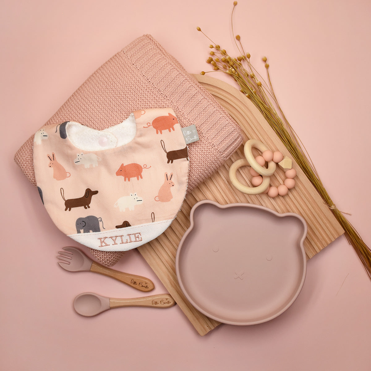 Handmade Cotton Bib (Animal Stamp - Pink)