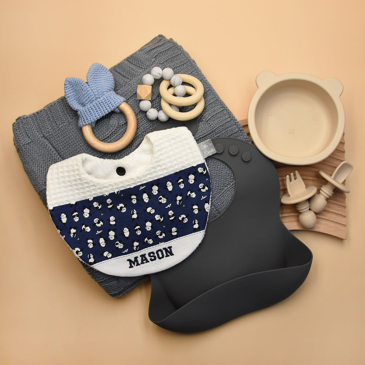 Handmade Cotton Bib (Panda - Navy x Multi Fabric)