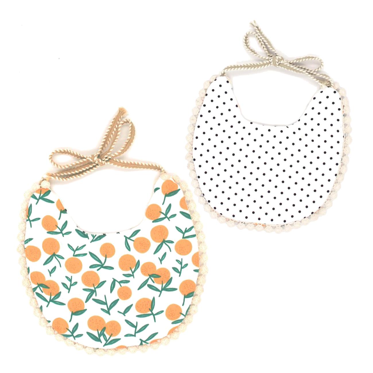 Reversible Lace Cotton Bib -Orange & Polka Dot