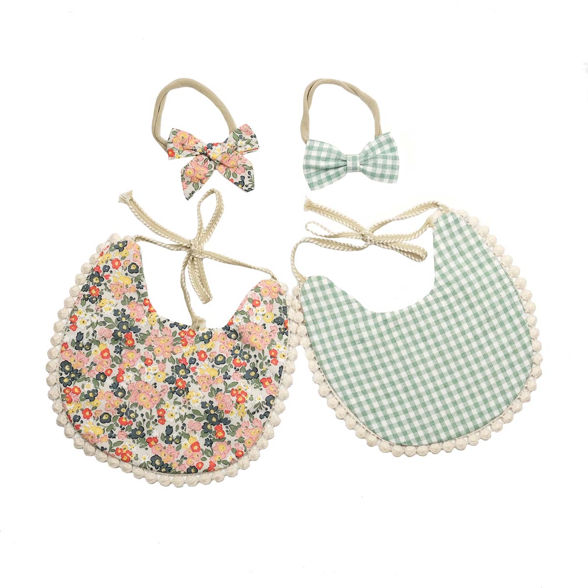 Reversible Lace Cotton Bib - Floral & Green Checker