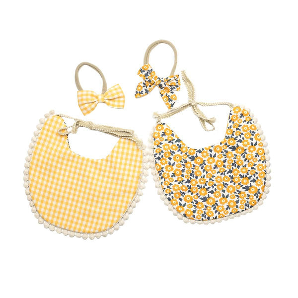 Reversible Lace Cotton Bib - Floral & Yellow Checker