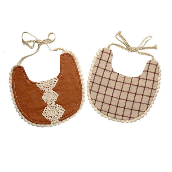 Reversible Lace Cotton Bib - Maroon Lace & Cream Checker