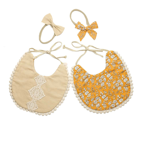 Reversible Lace Cotton Bib - Mustard & Cream Lace